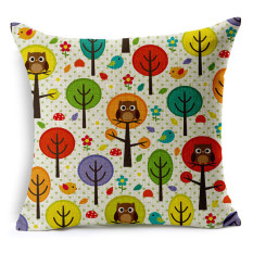 Cotton Linen Square Dekoratif Bantal Bantal Sarung Bantal Lucu Owl dan Pohon Gambar Desain KZ013-005-Intl