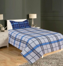Cotton Satin Single Size Bedding Set 2 Pcs Check Pattern Bedsheet Pillowcase Flatsheets 210 TC Bed Linen - Blue