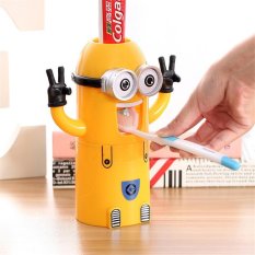 Cute Minions Desain Set Kartun Kuning Boneka Tempat Sikat Gigi Otomatis dispenser Pasta Gigi Pasta Gigi (dua Mata)-Intl