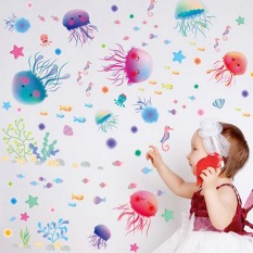 Ikan perairan laut ubur-ubur lucu stiker dinding rumah stiker PVC mural vinil Paper House dekorasi Wallpaper ruang tamu kamar tidur dapur gambar seni buatan sendiri untuk anak remaja dewasa bayi Senior bibit - International