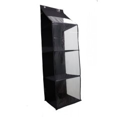 Eigia Hanging Helmet Organizer Rak Helm Gantung Lemari Bag Penyimpanan Sepatu Sandal Tas Aksesoris Bebas Debu Teratur Rapi Multifungsi Unik Bahan HHO Sekat Triplek Dilapisi Mika Penutup Transparan Tahan Air Terdapat 3 Susun Plus 1 Ruang Kecil Paling Atas