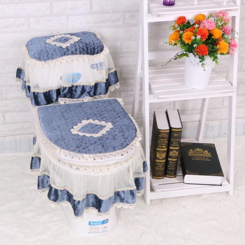 High Grade Lace Three-piece Set Toilet Seat Cover U-shaped Overcoat WC Cover Home Decor Bathroom Toilet Mats closestool merletto#Blue - intl