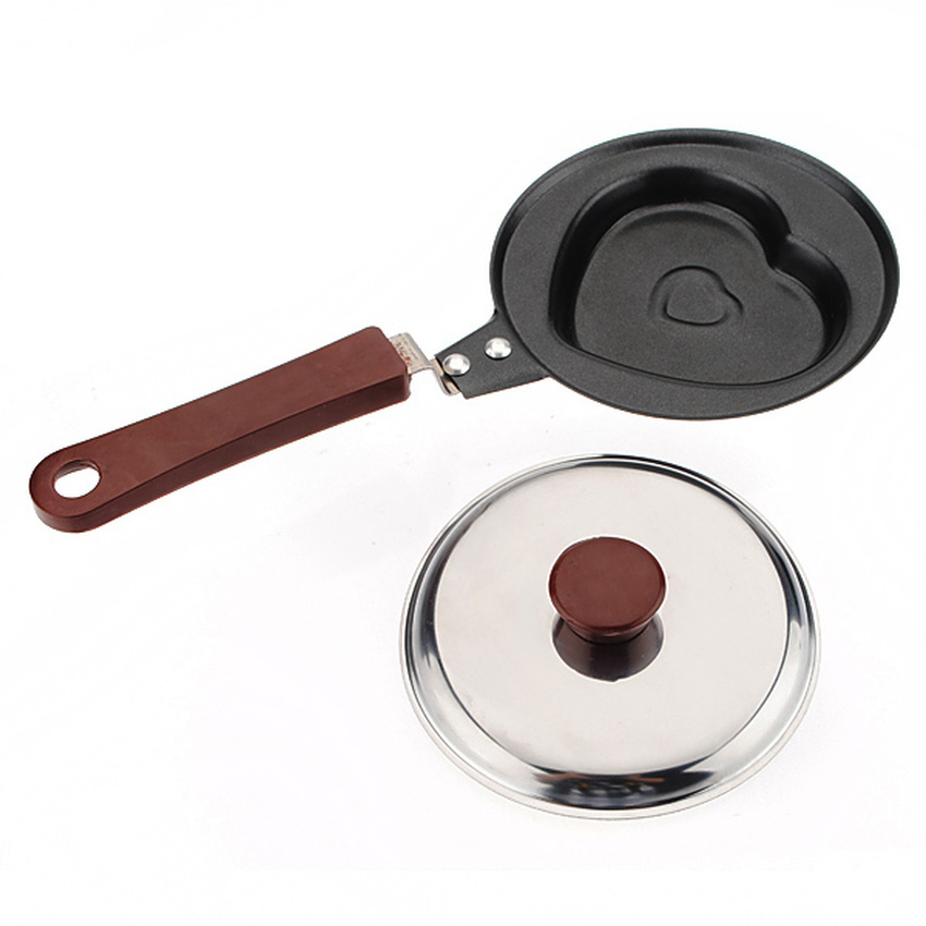 HKS Jantung Berbentuk Egg Fry Wajan Pancake Pot Tidak Lengket Stainless Steel dengan Cover