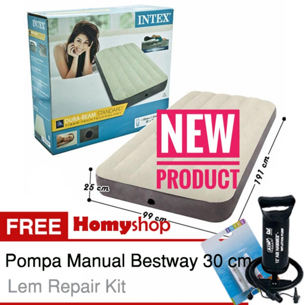 INTEX DuraBeam Twin 64707 Kasur Angin / Kasur Udara [99x191x25 cm] Free Pompa Tangan Bestway & Lem Repair Kit