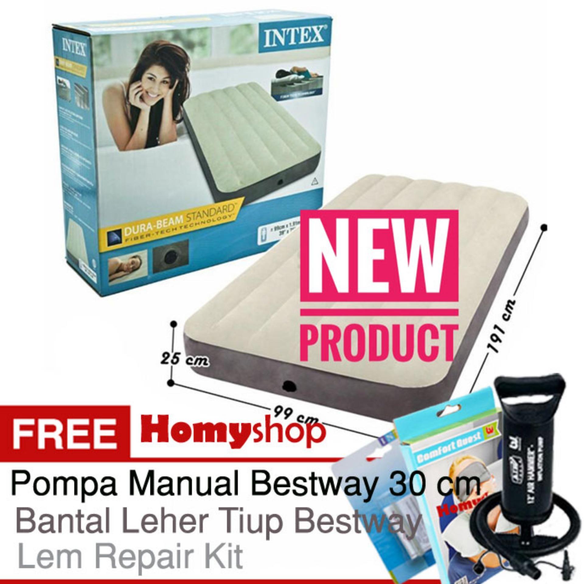 INTEX DuraBeam Twin 64707 Kasur Angin / Kasur Udara [99x191x25 cm] Free Pompa Tangan Bestway+Bantal Leher Tiup & Lem Repair Kit