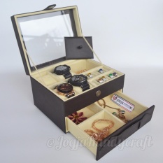 Jogja Craft - Box Kotak Jam Tangan isi 4 JUMBO Mix Tempat Perhiasan & Aksesoris (Coklat Krem)