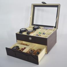 Jogja Craft - Watch Box Mix Jewelry / Kotak Tempat Jam Tangan Isi 6 dan Perhiasan Susun (Brown Cream)