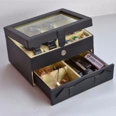 Jogja Craft - Watch Box Mix Jewelry / Kotak Tempat Jam Tangan Isi 6 dan Perhiasan Susun (Hitam Krem)
