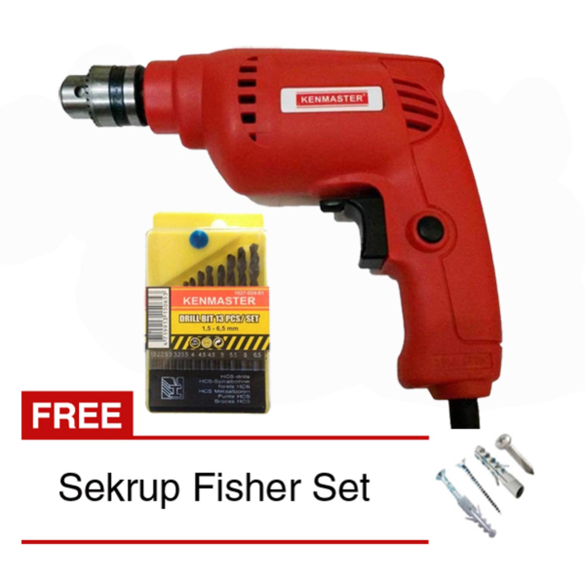 KENMASTER Paket Mesin Bor 10 mm Bolak Balik + Mata Bor Besi Set