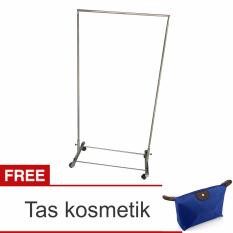 Lanjarjaya Stainless Steel Rak Gantungan Baju 1 Palang + Roda + Tas Kosmetik