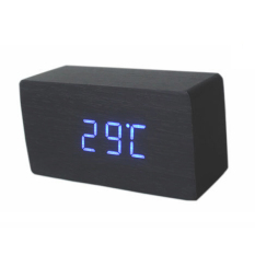 LED Meja Kantor Kayu Digital Alarm Clock (Dasar Hitam + Blue Word)