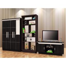Lemari Pakaian 3 Pintu Cermin, Lemari Buku, & Meja TV (Paket Mini Sale)