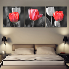 Mewah 3 Panel Panas Modern Jual Lukisan Dinding Rumah Seni Dekoratif Cetak Foto Di Kanvas Cetak Merah And Kelabu Bunga -bunga Tulip, (tanpa Bingkai)