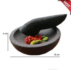 Mandiri Stone - Cobek dan Ulekan Batu Lava Lava Asli Tidak Berpasir 18 cm Packing Kayu