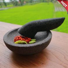 Mandiri Stone - Cobek dan Ulekan Batu Lava Ukuran 16 cm (Sedang) Asli Tidak Berpasir Packing Kayu
