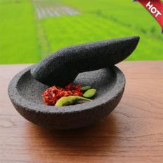 Mandiri Stone - Cobek dan Ulekan Batu Lava Ukuran 16 cm (Sedang) Asli Tidak Berpasir Packing Kayu