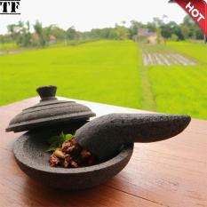 Mandiri Stone - Cobek Ulekan dan Tutup Mukun Batu Lava Asli Ukuran 16 cm Tidak Berpasir
