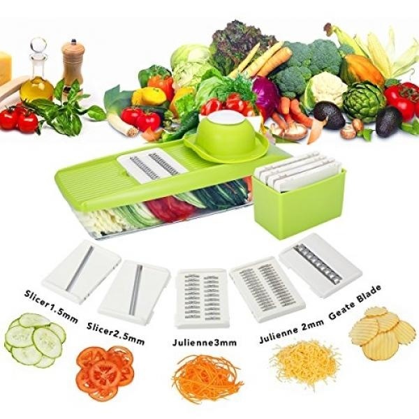 Mandoline Slicer, TAPCET Sayuran Grater & Julienne Pemotong Alat Pengiris untuk Mentimun, Bawang, Keju dengan 5 Pengaturan Ketebalan Dipertukarkan Stainless Steel Blades + Wadah Makanan-Mandolin-Intl