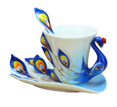 NiceEshop Kerajinan Tangan dari Enamel Porcelain Mug Teh China Seperangkat Cangkir Kopi dengan Sendok And Piring (biru)