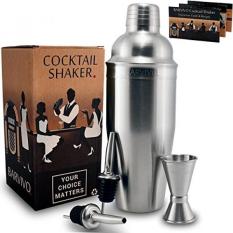 Professional Cocktail Shaker Set w/ a Double Jigger & iquor Pourers by Barvivo - 24oz Martini Mixer Made of Brushed Stainless Steel Perfect for Mixing Margarita, Manhattan & Other Drinks at Home.