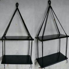 Rak Dinding 2 Susun Hitam Tali Hitam Minimalis- Vintage- Dapur- Kayu Gantung- Kamar Mandi- Shabby