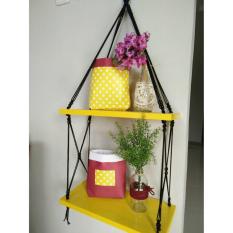 Rak Dinding 2 Susun Kuning Tali Hitam Minimalis- Vintage- Dapur- Kayu Gantung- Kamar Mandi- Shabby