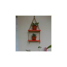 Rak Dinding 2 Susun Merah Tali Coklat Minimalis- Vintage- Dapur- Kayu Gantung- Kamar Mandi- Shabby