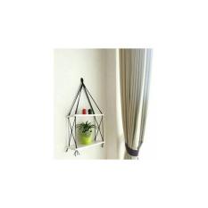 Rak Dinding 2 Susun Putih Tali Hitam Minimalis- Vintage- Dapur- Kayu Gantung- Rak Tali- Melayang