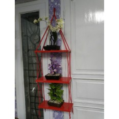 Rak Dinding 3 Susun Merah Tali Merah Minimalis- Vintage- Dapur- Kayu Gantung- Kamar Mandi- Shabby