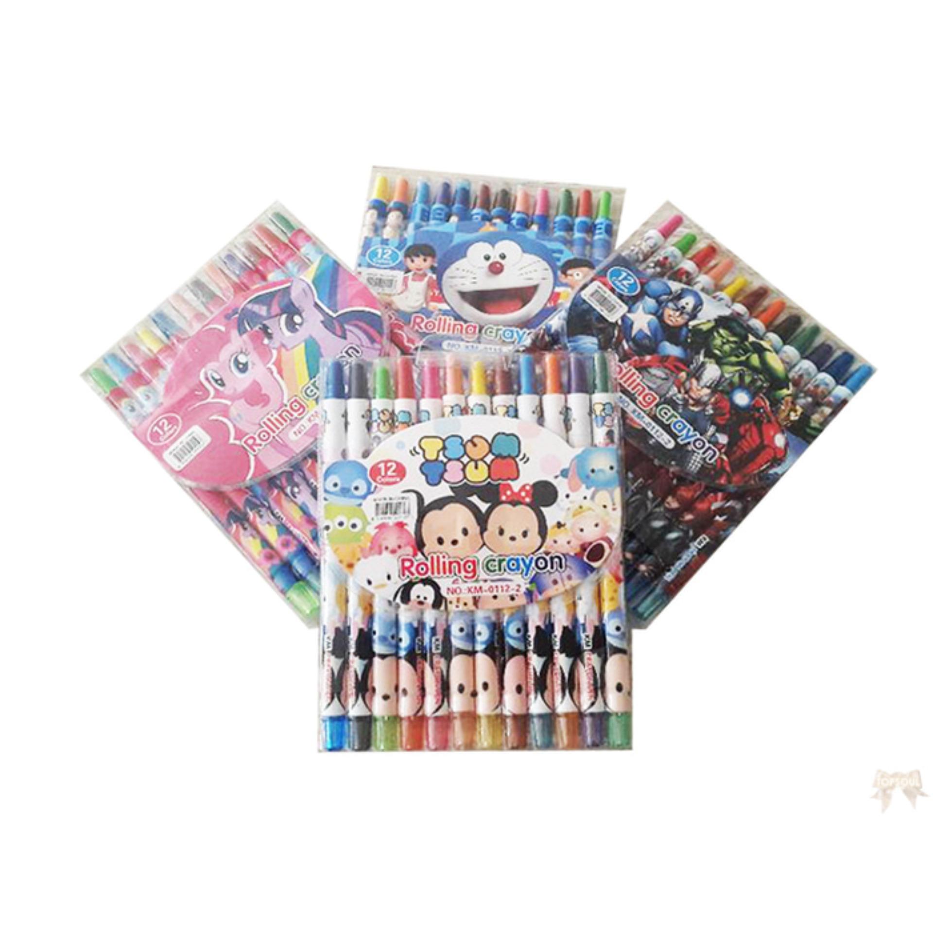 Rolling Crayon Panjang 17cm isi 12pc Krayon Putar Warna Warni Karakter