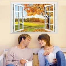 Romantis 3D False Jendela Pemandangan Musim Gugur Maple DIY Wall StickersLiving Kamar TV/Sofa Latar Belakang Rumah Dekorasi Mural Decal Wallpaper -Intl