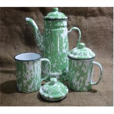Set Teko & Cangkir Mug Gelas Blirik Blurik Lurik Enamel Seng Jadul Kuno Vintage Retro