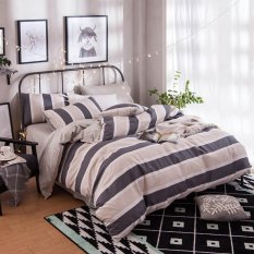 Sederhana tapi Modis Stripe Cetakan Kotak-kotak 4 PC 100% Katun Seprai Selimut Selimut Set Lengkap/Queen Size-Intl