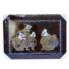 Souvenir Jogja Lukisan Wayang Kulit Punokawan Emas Kulit Kambing Bingkai 70x50 cm - Putih Kecoklatan