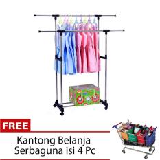 StarHome Jemuran Baju - Rak Pakaian Lipat - Drying Rack 2 Tiang Gantungan Baju - Silver + FREE Kantong Belanja Serbaguna isi 4 Pc