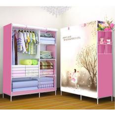 StarHome Lemari Pakaian Multifungsi dengan Tempat Gantungan Baju dan Penutup Debu- Lemari Portable - Pink Motif Love