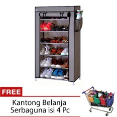 StarHome Rak Sepatu 6 Susun dengan Penutup Debu - Portable Shoe Rack with Dust Cover- Abu-abu + FREE Kantong Belanja Serbaguna isi 4 Pc