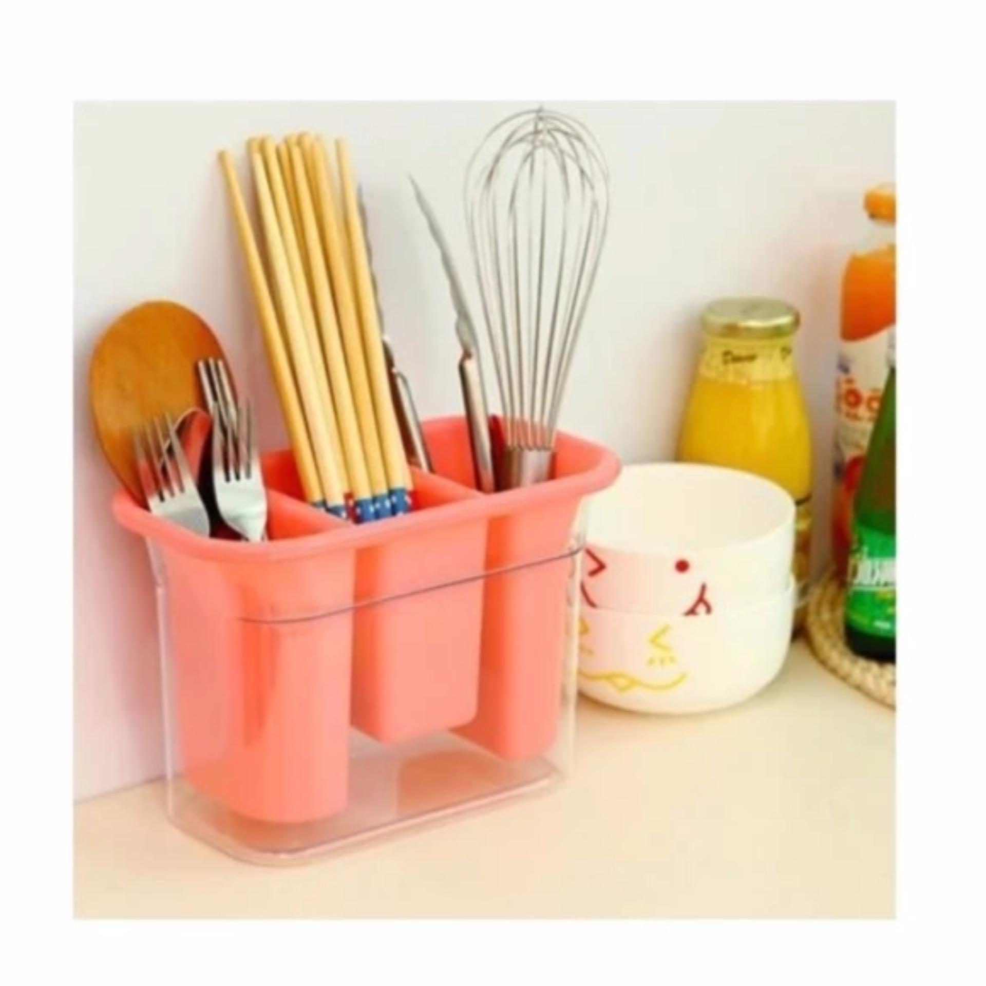 Tempat Sendok 3 Tabung Garpu Pisau Sumpit Set Spoon Fork Table Organizer Meja Makan Sekat - Pink 