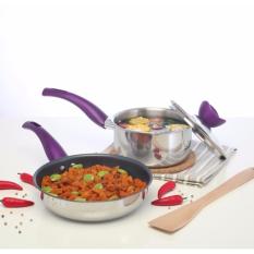 Panci Set Value Kitchen: Set of 3 Basic (Wajan Teflon dan Panci Steinless Tutup Kaca) - Ungu