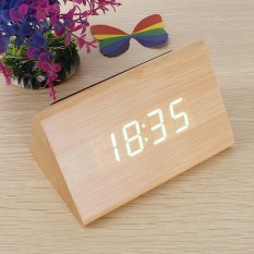 Kontrol Suara Kualitas Bagus Kayu Segitiga LED Alarm Digital Termometer Jam Meja Kayu Kayu Bambu Hijau LED-Intl