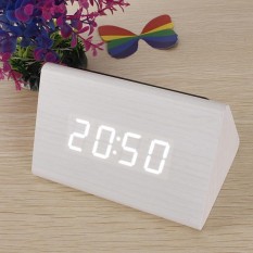 Kontrol Suara Kualitas Bagus Kayu Segitiga LED Alarm Digital Termometer Jam Meja Kayu Kayu Putih LED Putih-Intl