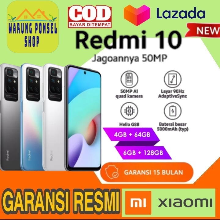 Xiaomi Redmi 10 (4GB+64GB) DAN (6GB+128GB) Helio G88 50MP AI Quad Kamera Layar AdaptiveSync 6,5\