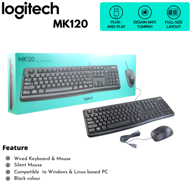 LOGITECH COMBO KEYBOARD DAN MOUSE MK120 USB ORIGINAL HITAM PACKING AMAN ...