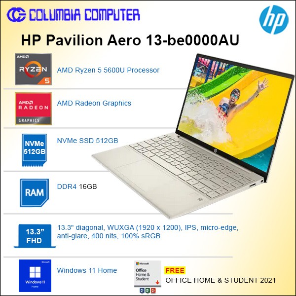 HP Pavilion Aero 13-be0000AU Ryzen 5-5600U 16GB 512GB 13.3 Win11+