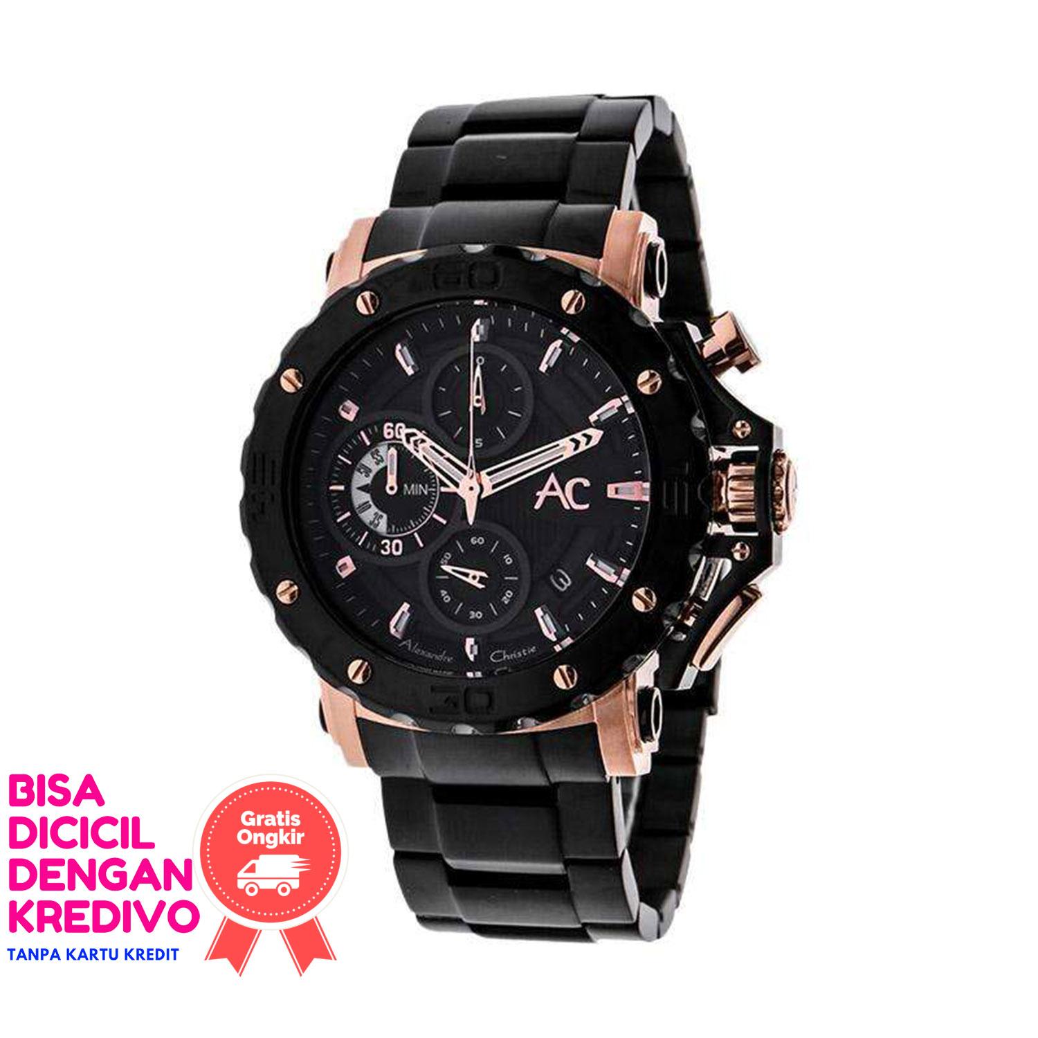 UAIU Jam Tangan Pria Original Alexandre Christie AC 9205 MC BBRBA Chronograph Black Dial Stainless Steel