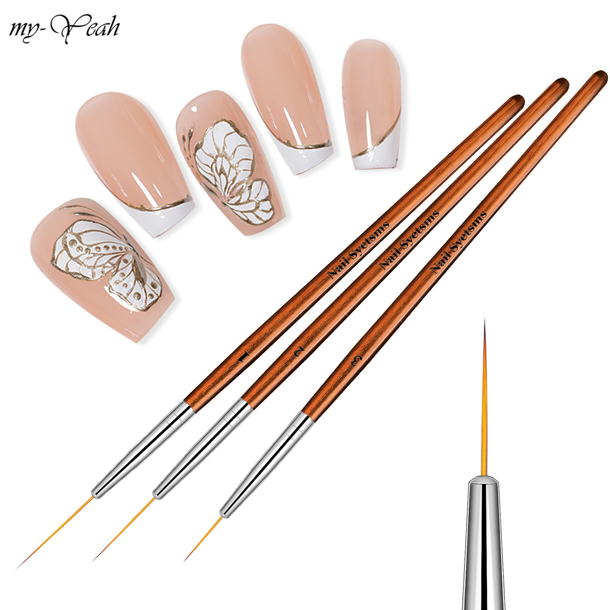 myyeah 3pcs/set 15/20/25mm Nail Art Brush Wooden Handle French Lines Stripe Flower Painting Drawing Liner Pen Nail Art Tool