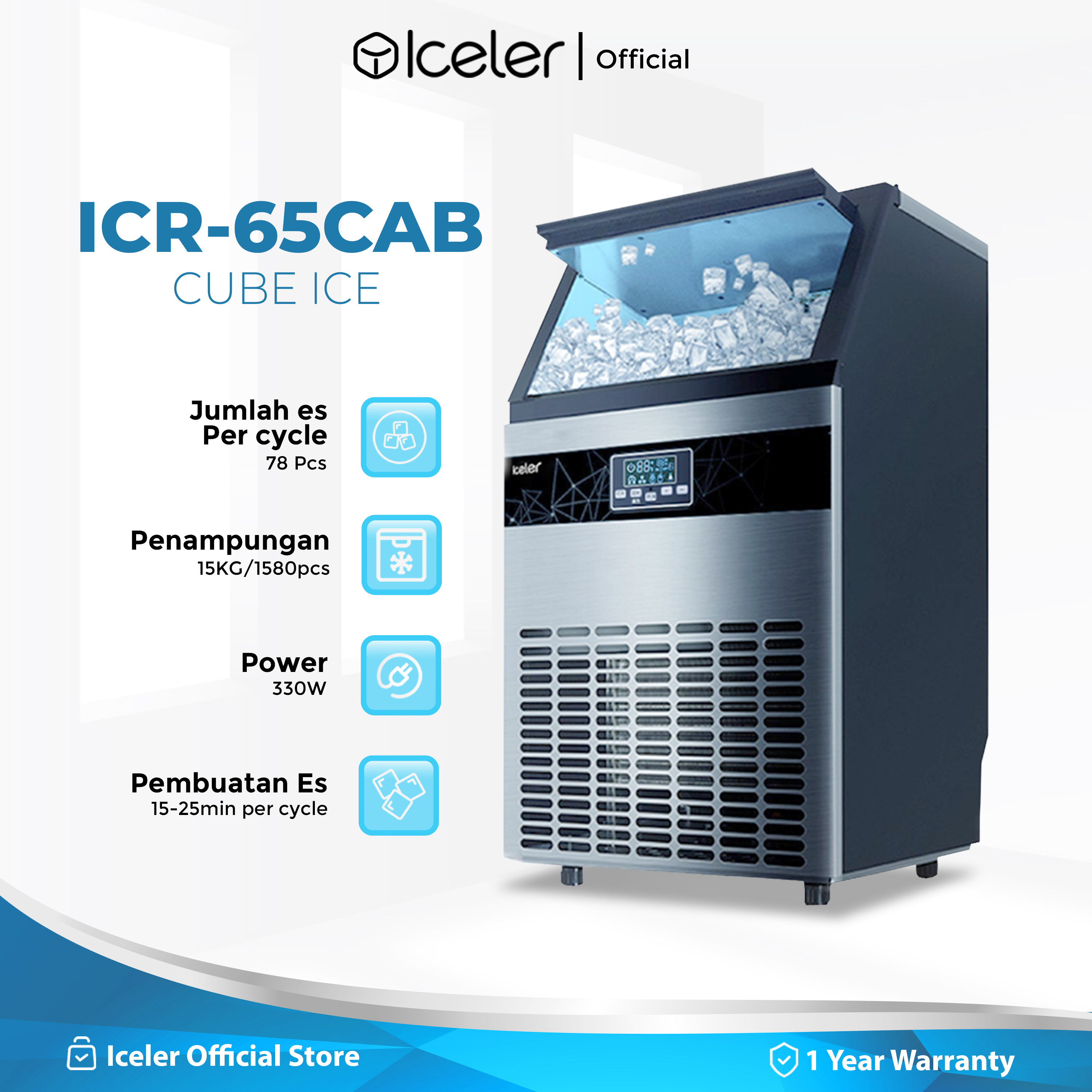 Mesin Es Batu Kristal Iceler Ice Maker 65kg/24Jam untuk Cafe Restoran