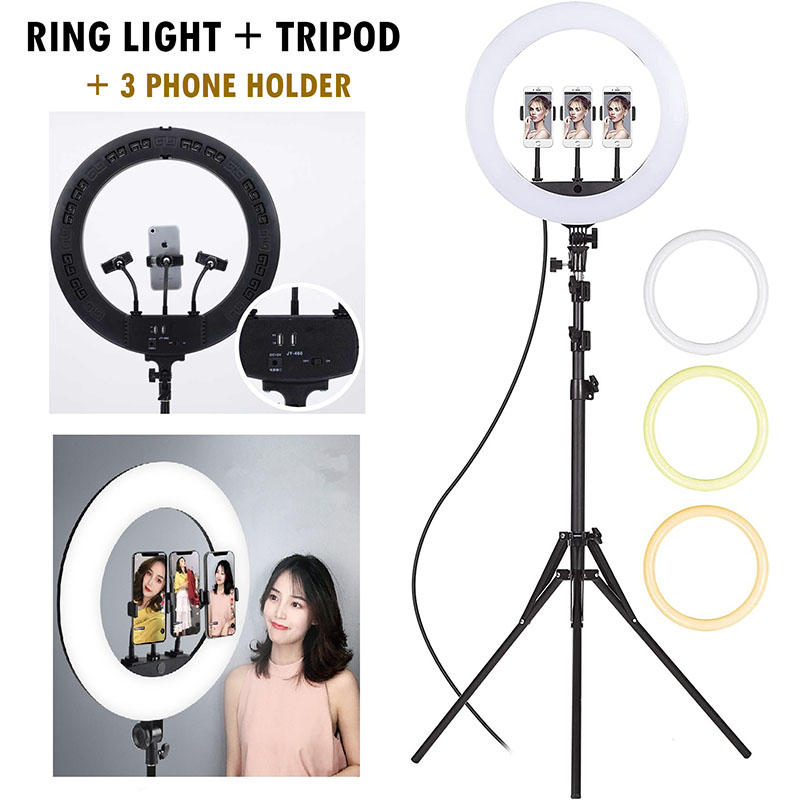 Lampu Halo Ring Light LED 18 Inch 3xHolder Hp + Tripod Stand Tinggi 2