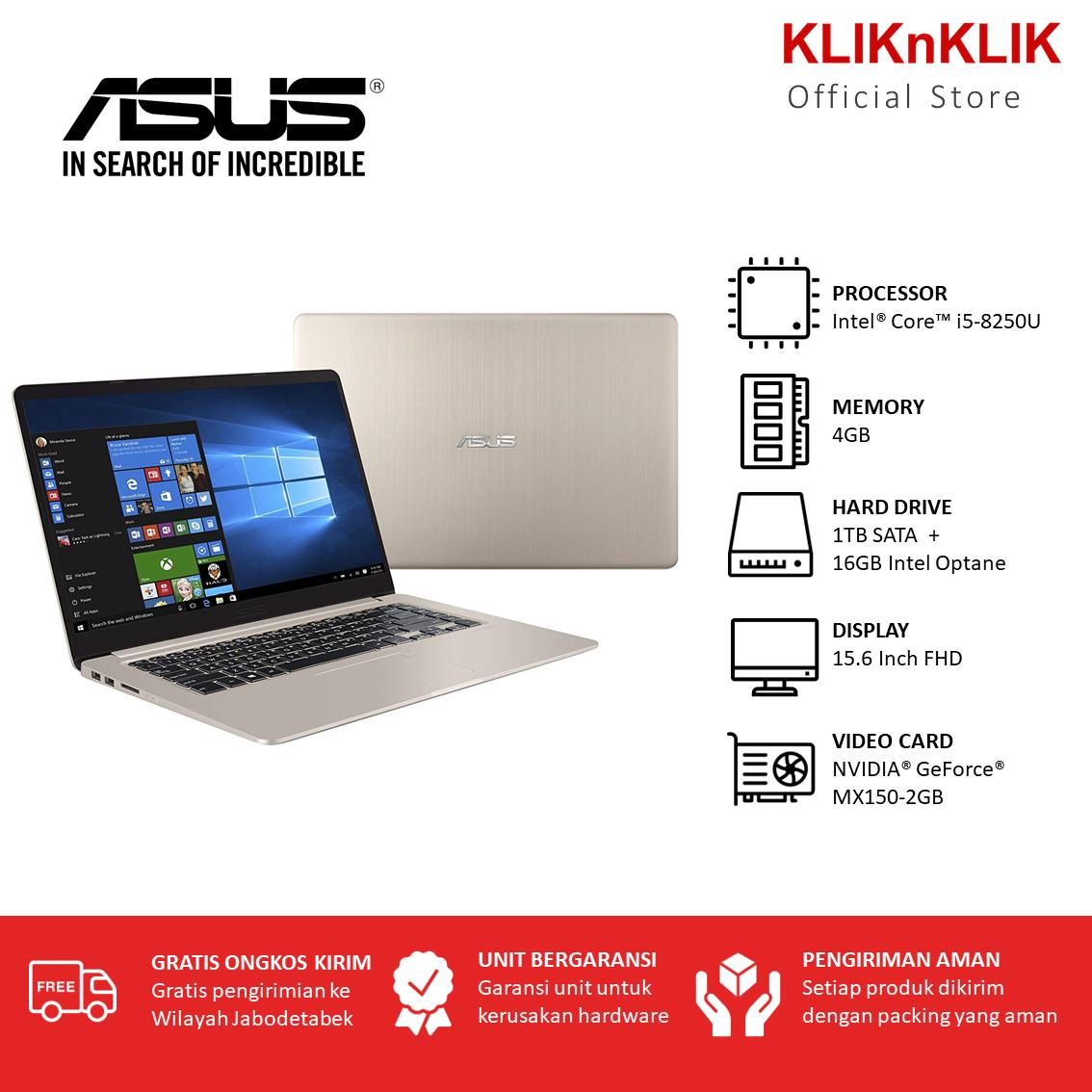 ASUS VivoBook S510UN - RAM 4GB - Intel i5-8250U - 16GB Intel Optane - 1TB - 15.6 FHD - MX150-2GB - Windows 10 - Gold - Laptop Murah