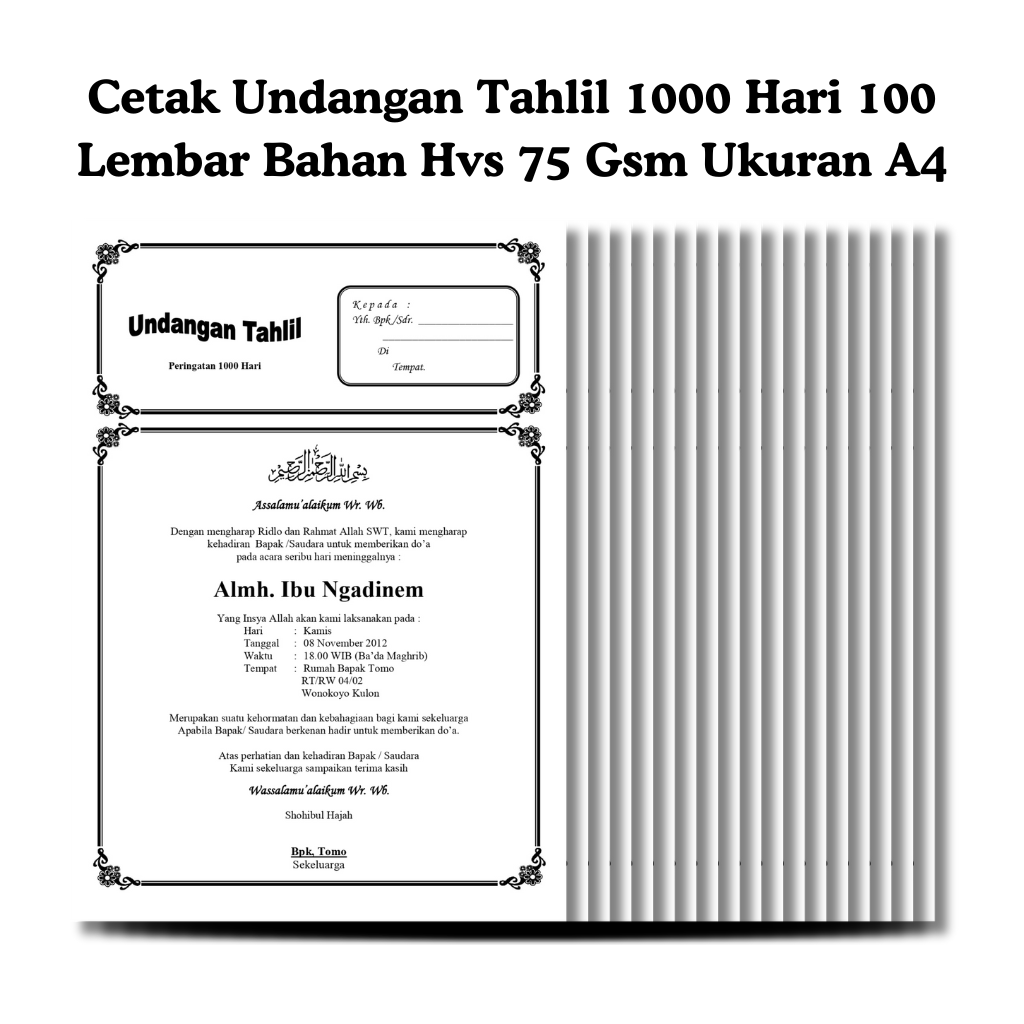 Cetak Undangan Tahlil 1000 Hari 100 Lembar | Bahan Hvs 75 Gsm | 100